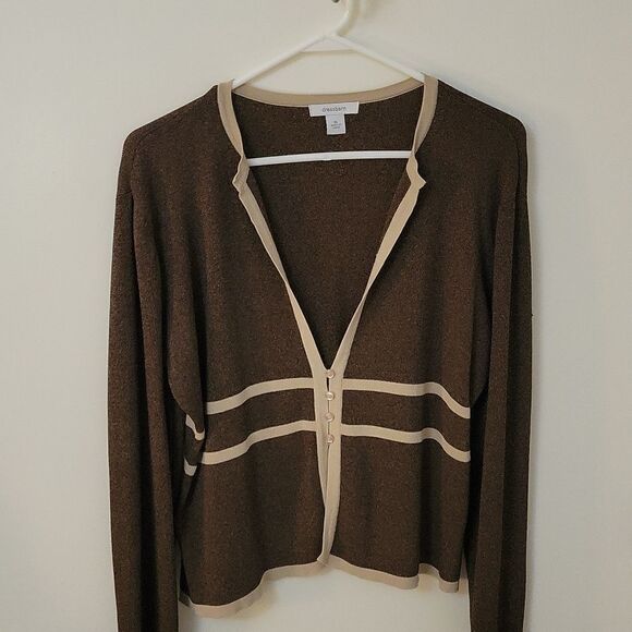 DRESSBARN Brown Collarless Preppy Varsity Long Sleeve Cardigan - Picture 3 of 9